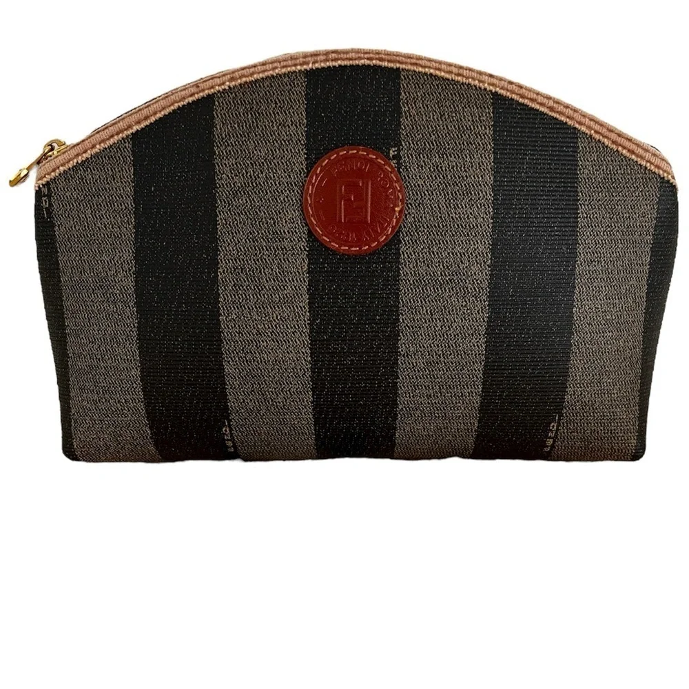 FENDI Pecan Striped Canvas Pouch Black Brown Gold COA 1980s Italy
